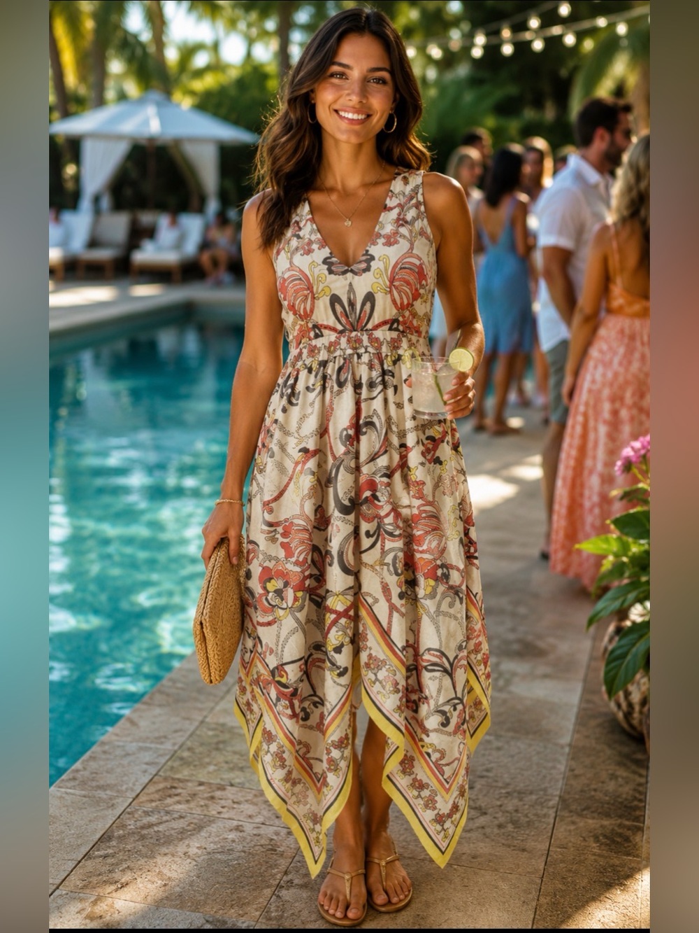 H&M Handkerchief Bandana Halter Dress Maxi Long High Slit Uneven Hem 6/8 Beach